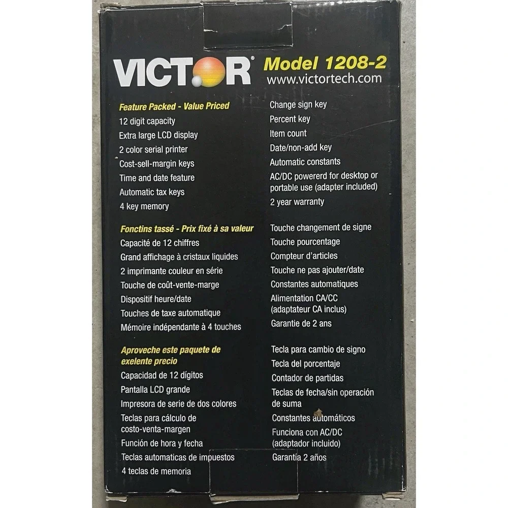 Victor 1208-2 Printing Calculator, 2-Color Black/Red Print, Manual & Adapter NIB